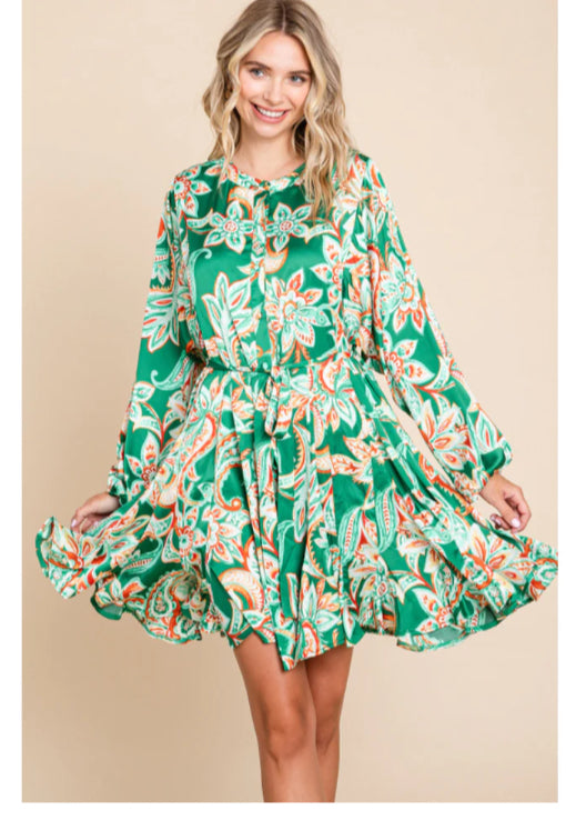 Satin Paisley Print Dress with Belted